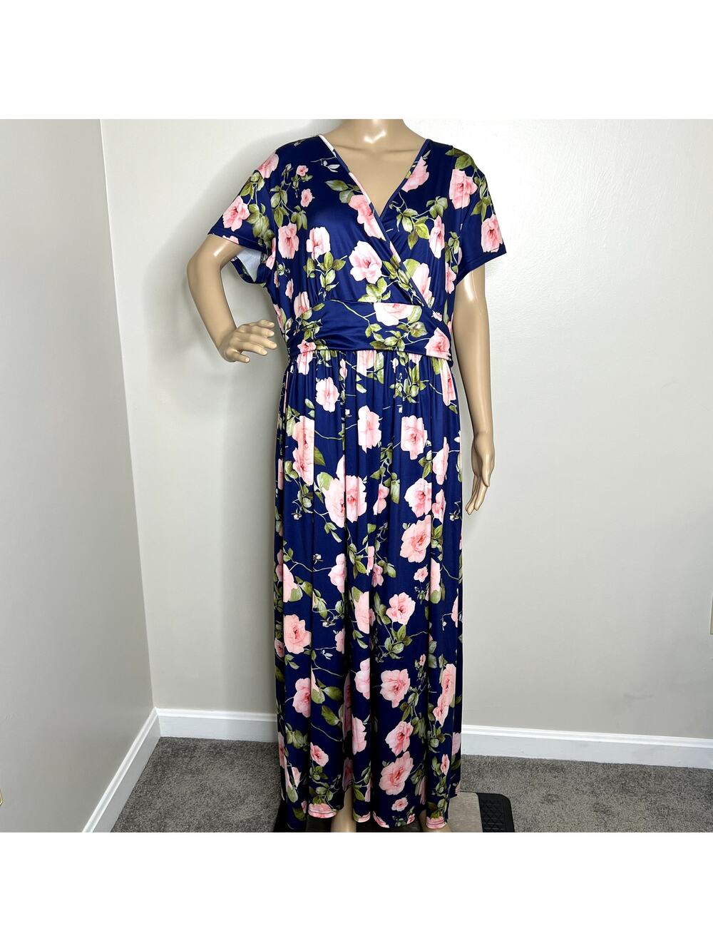 Blue Floral Rose Short Sleeve Maxi Dress